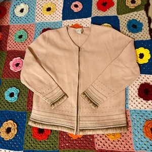 Vintage Koret Lambswool Blush Pink and Moss Green Zip-Front Knit Cardigan